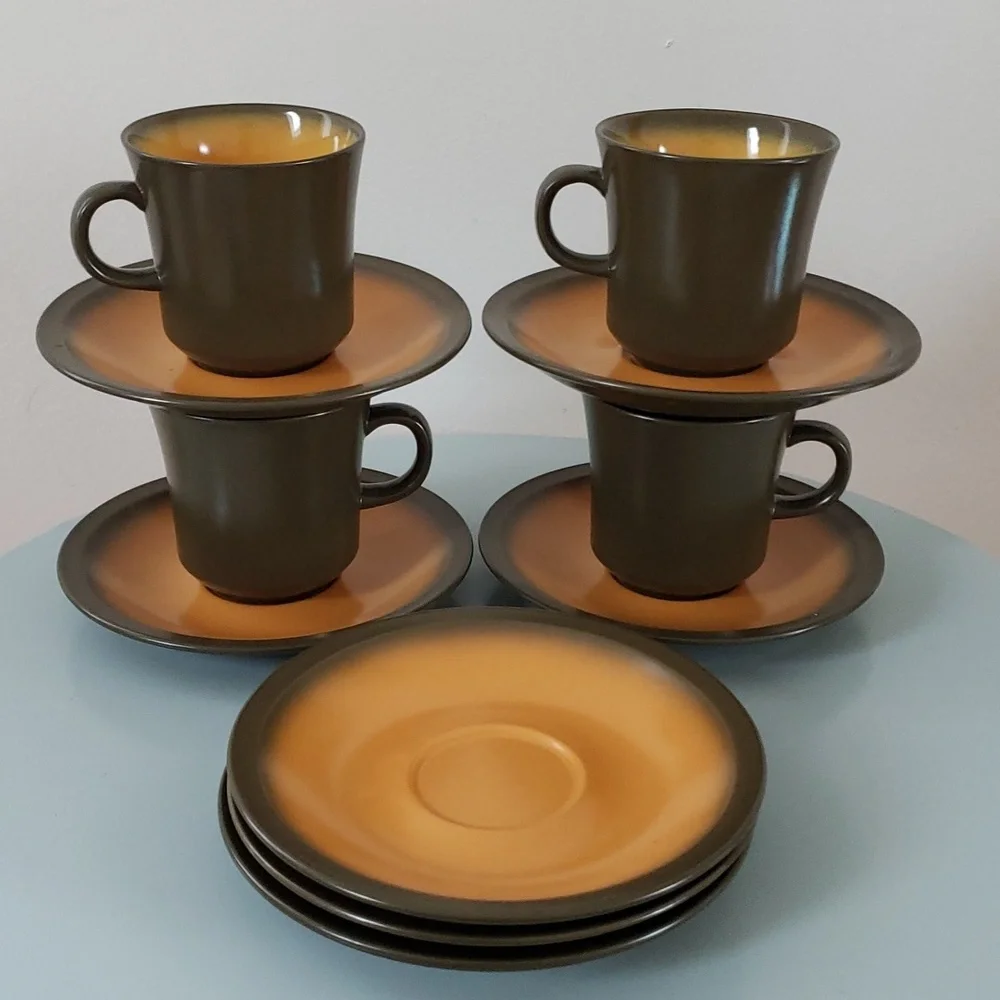 Premiere Nu Stone CANTELOPE 7606 Japan 70s Cups & Saucers Brown & Orange, VTG